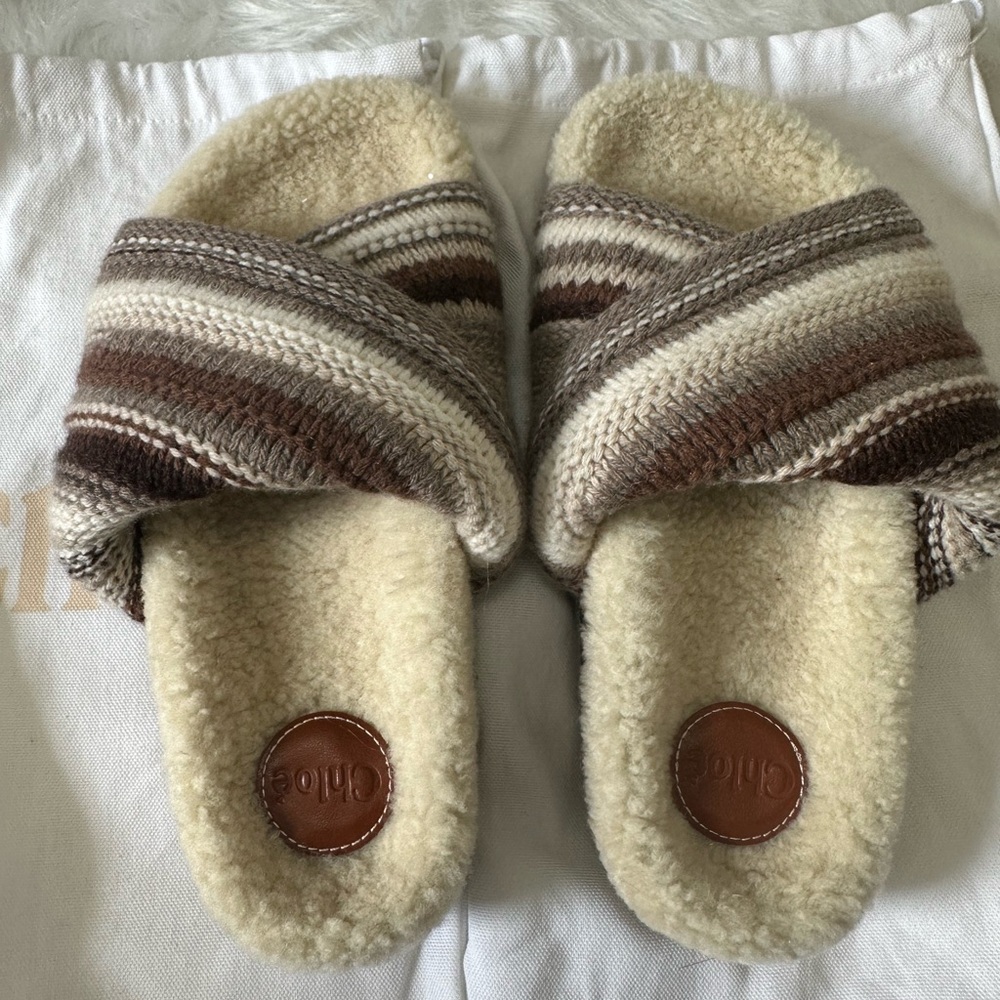 Chloe Wavy Flat Mules. Top is soft fabric lining is shearling